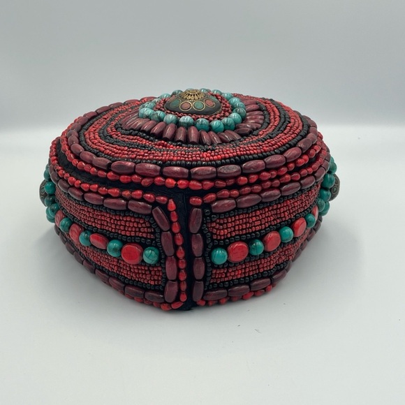 Tibetan Beaded Hat Ceremonial Headdress Red Coral Turquoise Black Colored Beads - Picture 3 of 6